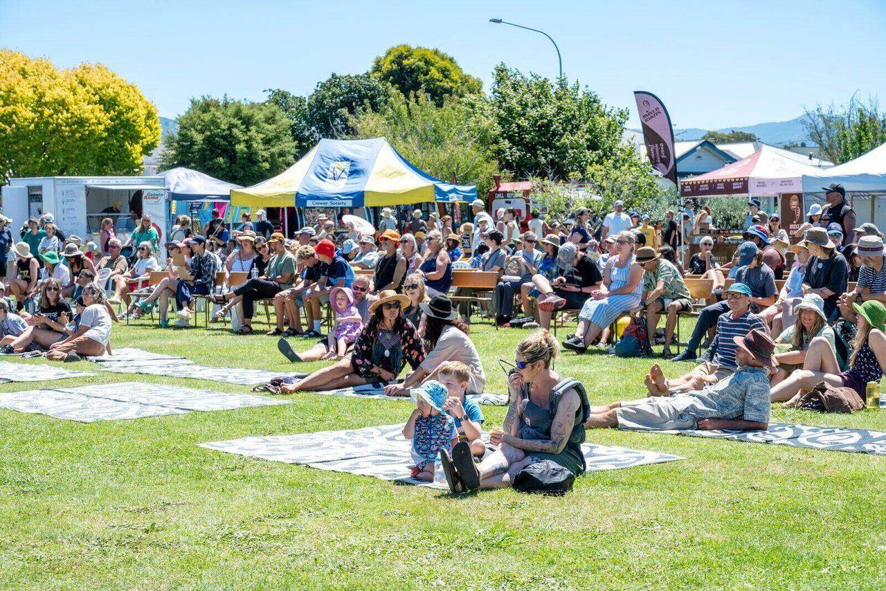 Families spread out on picnic blankets on the lawn in the sun