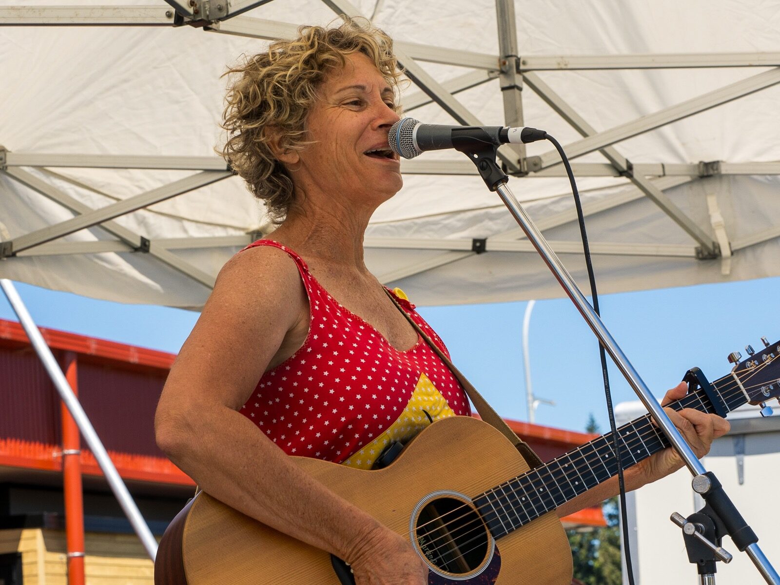 Kathy Bee singing and playing acoustic guitar on the family stage